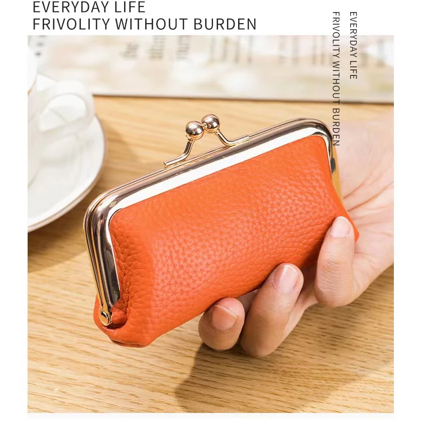 여성을위한 키 체인 동전 지갑 Kiss Lock 정품 가죽 캐주얼 보관 가방과 RFID 간단한 신용 카드 홀더