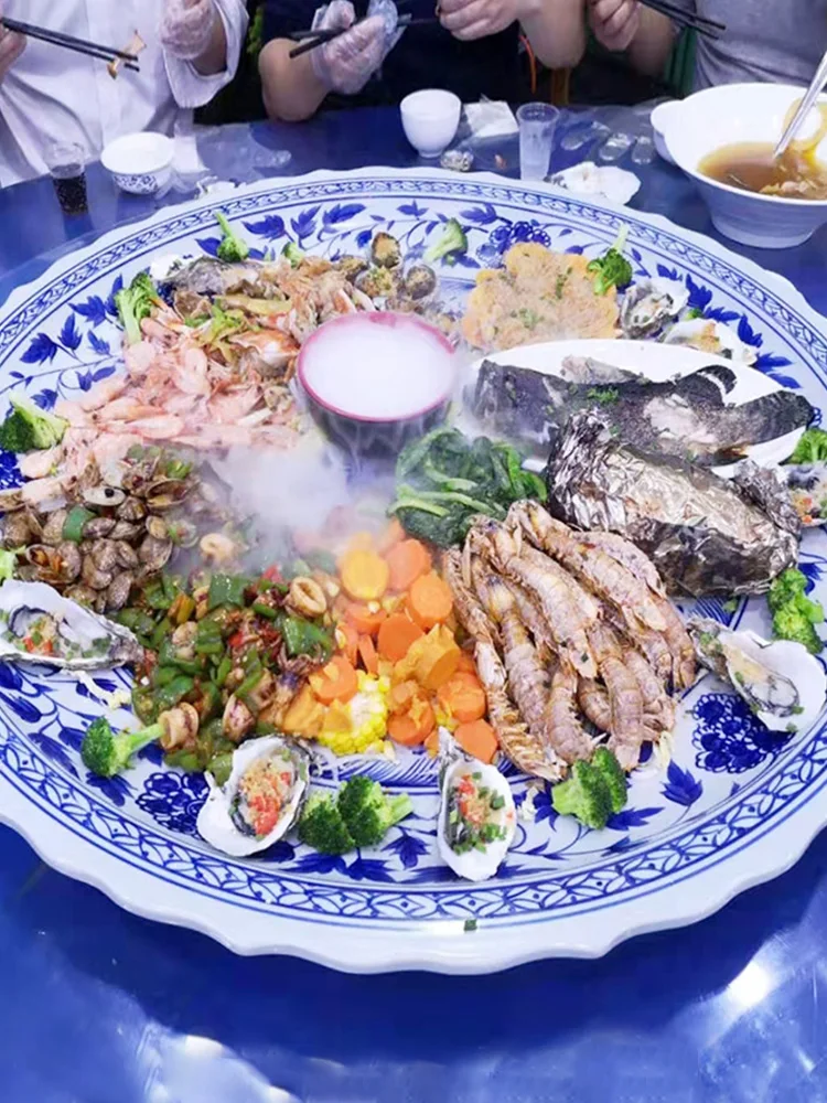 oversized plate blue and white ceramic seafood 60cm size round extra large Chinese vegetable special chicken fish shrimp