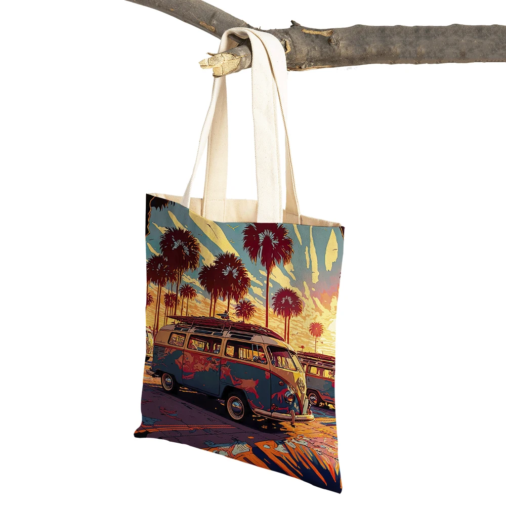 Summer Vacation Seaside Dusk Landscape Women Shopping Bags Double Print Casual Canvas Handbag Shopper Bag Lady Shoulder Tote