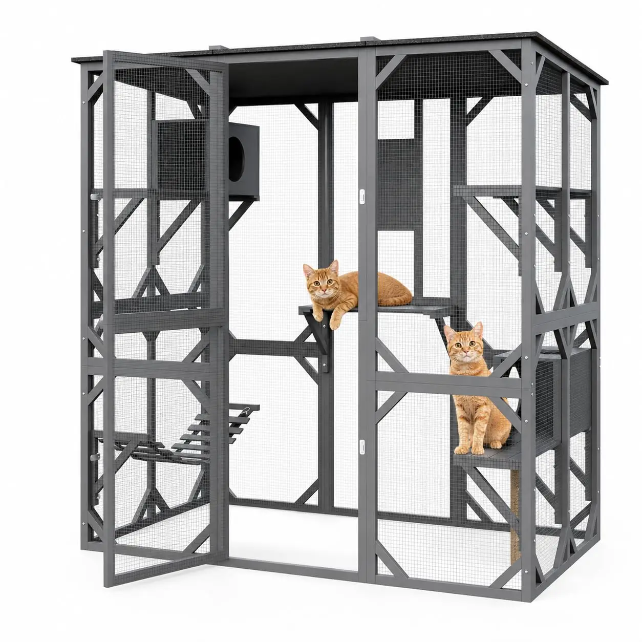 70 Inch Outdoor Catio Cat Enclosure, Walk-in Cat House with Window Access Door and Asphalt Roof, Cats Shelter with 4