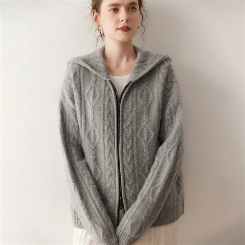 Manteau à fleurs torsadé avec fermeture éclair pour femme, Cardigan Chic de luxe tricoté en cachemire, à capuche, pull épais de haute qualité, automne et hiver, 100%