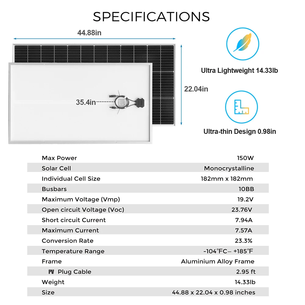 

XINPUGUANG Rigid Solar Panel China 150W Monocrystalline Cell Waterproof Solar Panels Charging 12V 150 W Camping/Home/RV