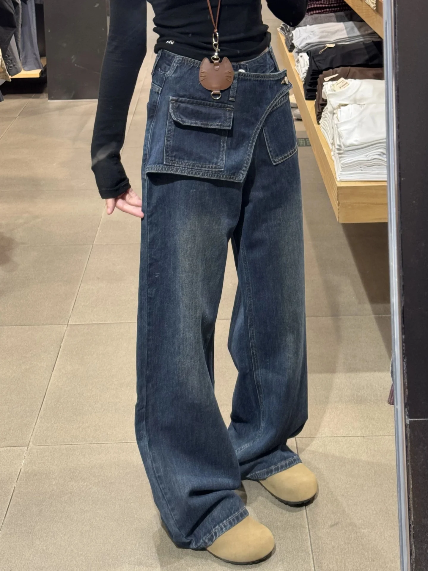 

Широкие джинсы с высокой талией в американском стиле, джинсовые джинсы в стиле ретро, женские весенне-осенние свободные прямые брюки больших размеров Pear Ape