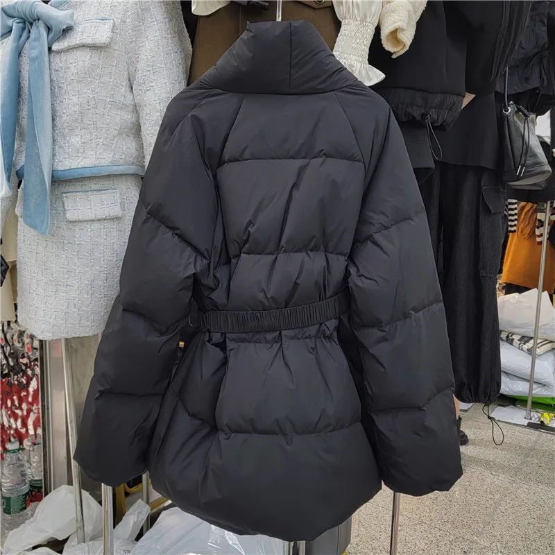 Winter V-neck belt pocket thickened down jacket loose cardigan woman