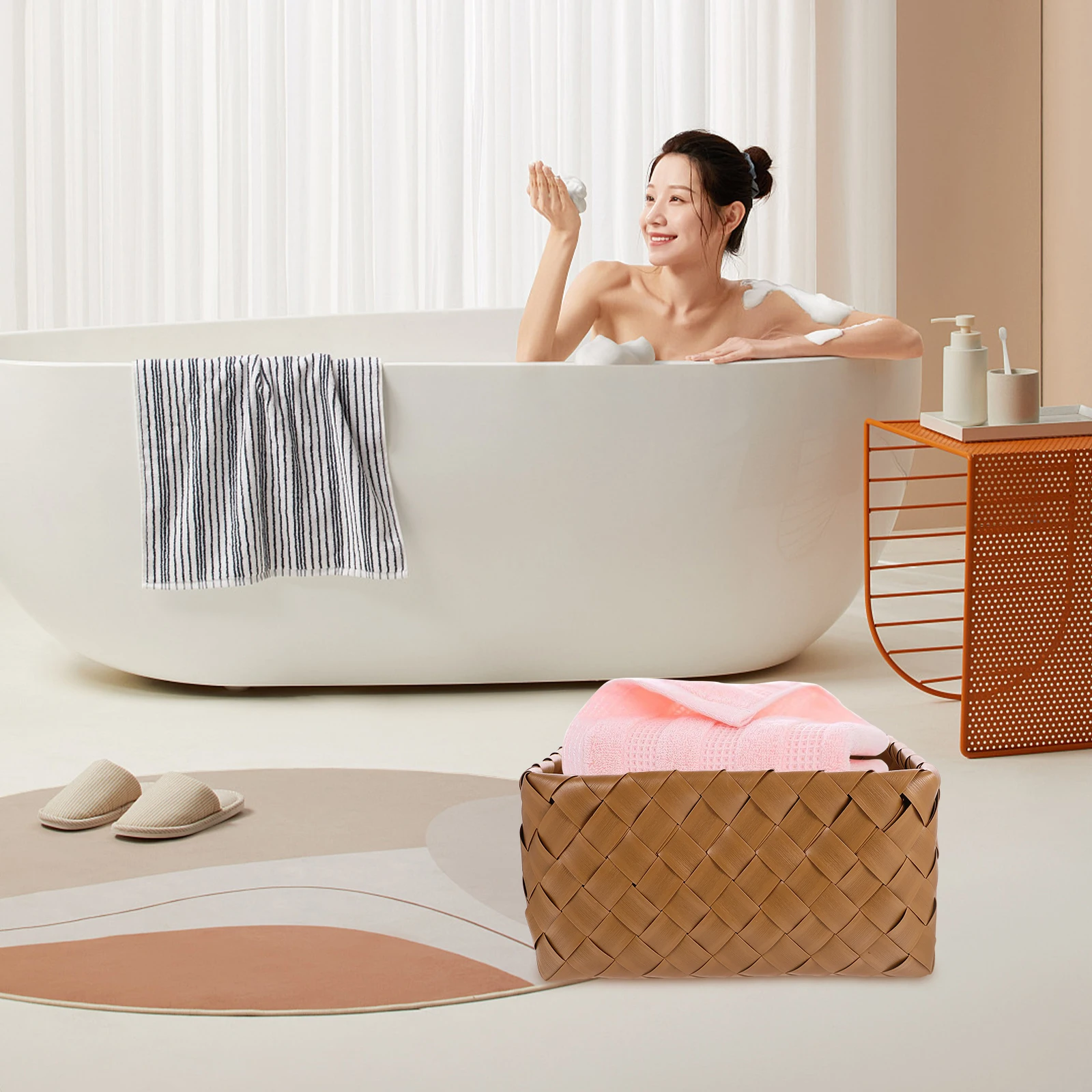 

Plastic Rattan Storage Basket Multifunction Woven Organizer for Bathroom Kitchen Desktop Fruit Bread Container Light