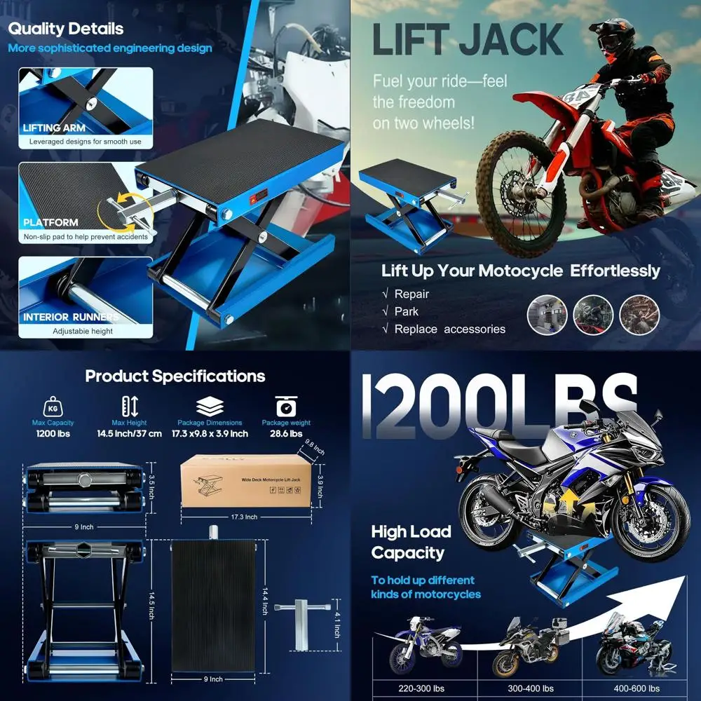 

Motorcycle Scissor Jack with 1200 LB Capacity, Wide Deck Stand for Bikes, ATVs, and Garage Repair