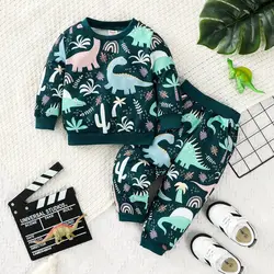 hibobi 2pcs Boy Cartoon Dinosaur Hoodie Set, Casual Sports Set, Long Sleeve Printed Suit, Suitable For Spring And Autumn Wear