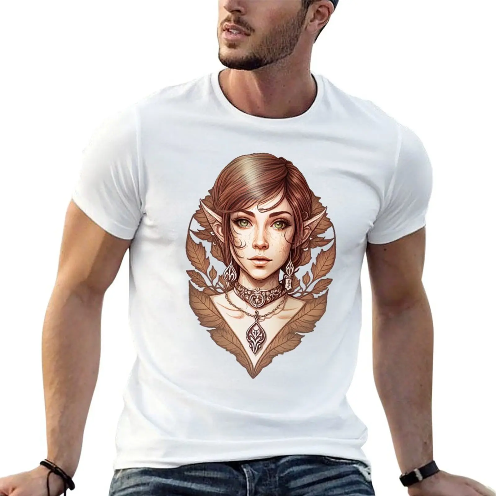 Elfa femenina, hermosa camiseta de fantasía con motivos de elfas, ropa de anime, camiseta de gran tamaño para hombre.