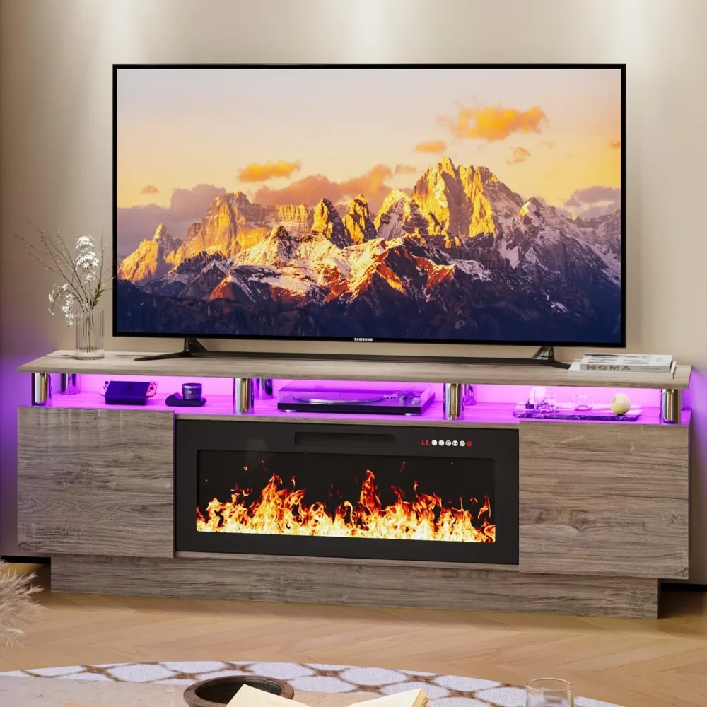 

70 Inches Fireplace TV Stand for TVs up to 80 Inches Console with 36'' Electric Fireplace & Remote, Wooden Modern Entert
