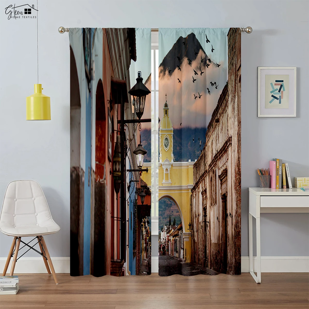 Modern Simple City Architecture 3D Printed Curtains Street View River View Living Room Floor-To-Ceiling Windows Custom Curtains