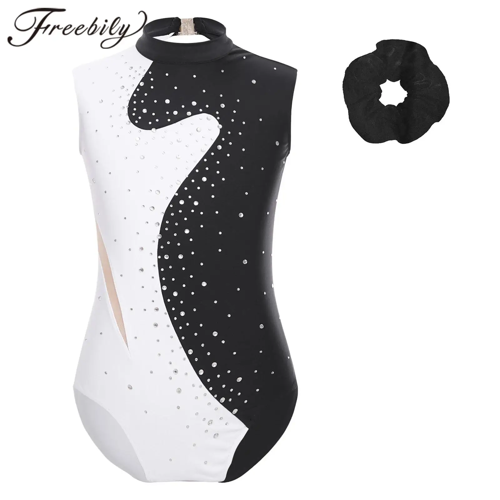 Kids Girls Sparkling Rhinestone Sleeveless Bodysuit Skating Ballet Gymnastics Jumpsuit Teens Colorblock Patchwork Dance Leotard