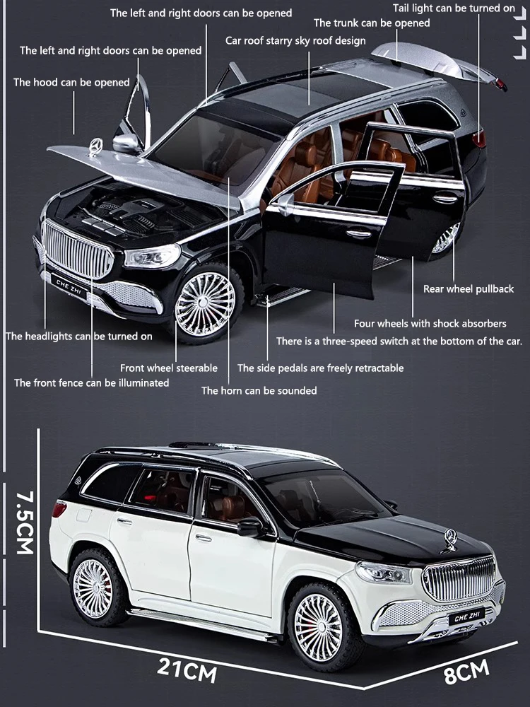 Gls600 Simulação de modelo de carro de liga, som e luz, brinquedo puxado, veículo off-road metálico, enfeites de coleção, presente para meninos, 1:24