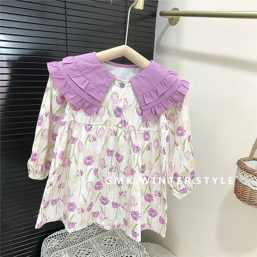 

2025 Spring 1-8Y Babys Girls Princess Dress Cotton Purple Tullp Children Girls Dress Loose Turn Down Collar Little Girl Vestidos