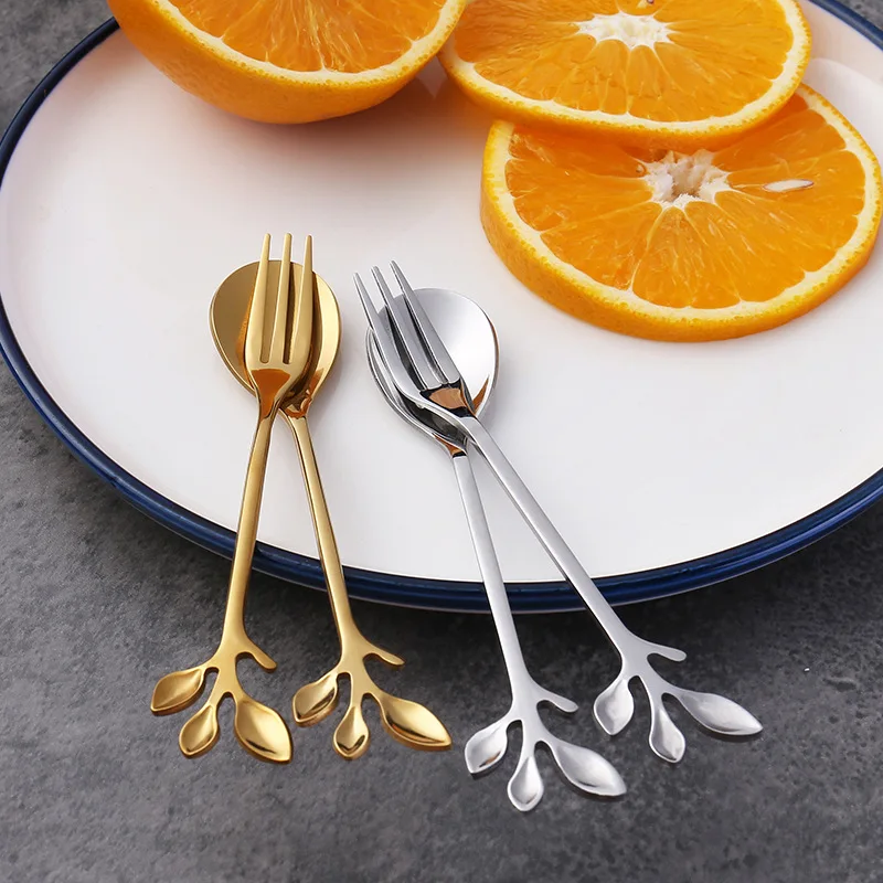 

Stainless Steel Fruit Fork Spoon Set Tableware Storage Rack Golden Cute Spoon Household Dessert Cake Fork Home Decorationries