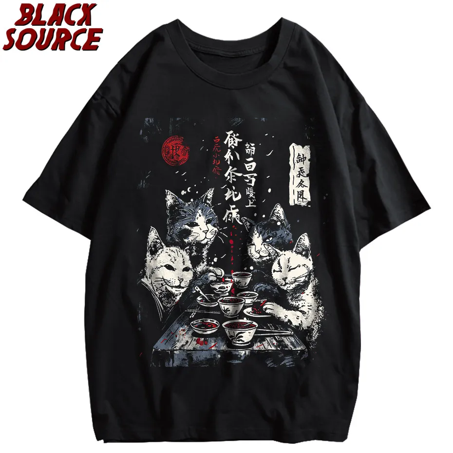 T497 Bai Men's Catman Red Moon Cat Graphic Hoodie, Japanese Streetwear Pullover Sweatshirt, Oversized Casual Urban Fashion