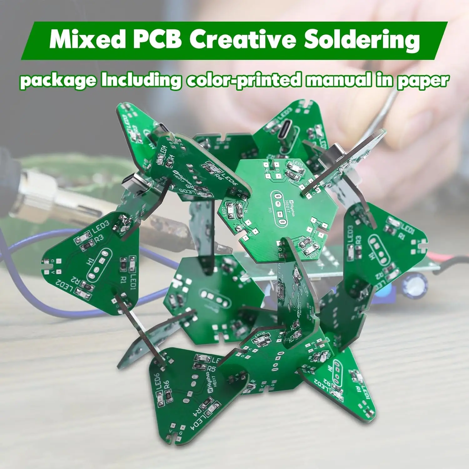 DIY Electronic Project Kit 5 Pcs Splicable Triangle Hexagon Creative PCB with Flash LEDs DIY SMD Soldering Practice Kit for STEM