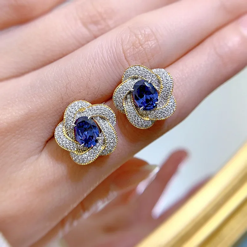 Luxury 100% 925 Sterling Silver Oval Blue Sapphire Flower Ear Stud Earrings Fine Jewelry For Women Anniversary Gift