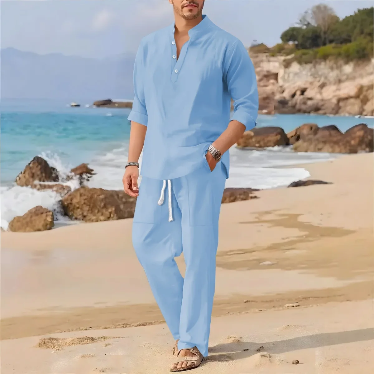 Men's Retro Cotton Linen Stand-Up Collar Long-Sleeved Suit Spring-Autumn Fashionable Loose Pure-Color Two-Piece Set