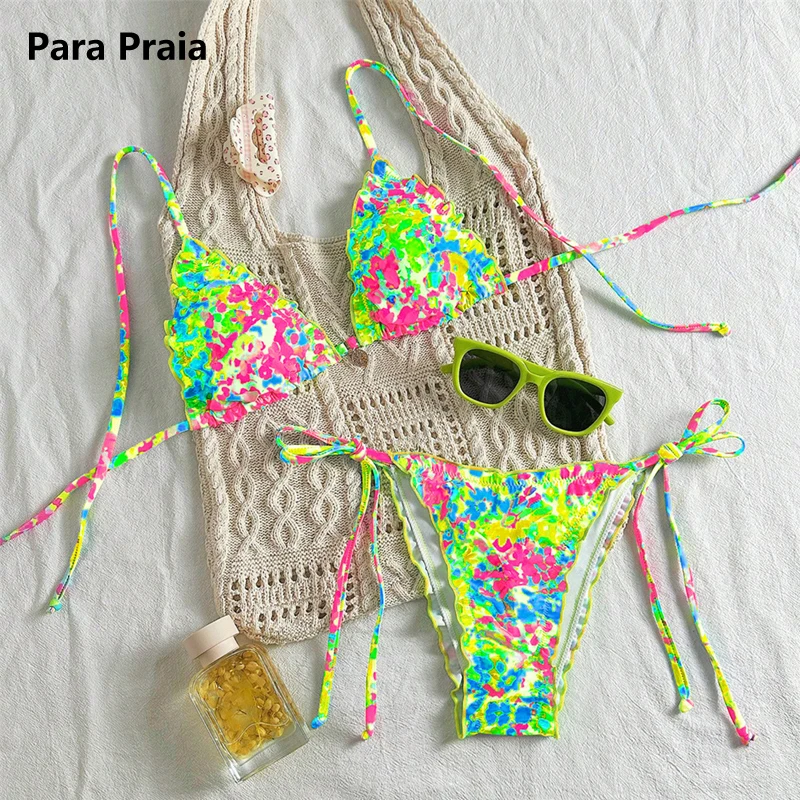 

Para Praia Floral Print Ruffled Swimwear Brazilian Bikini Sets 2025 Sexy Halter Women Swimsuit Biquini Split Bathing Suit