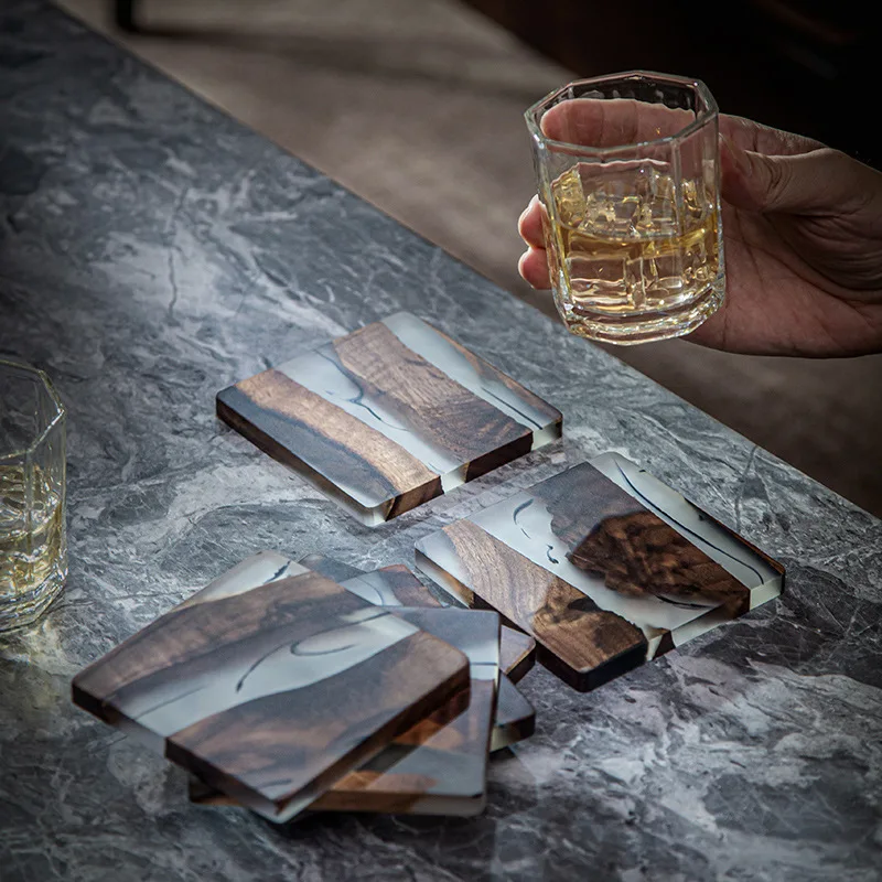 Insulated Wooden Tray Walnut Frame Resin Coaster Ink Nordic Style Tea Cup Holder Epoxy Resin Pot Holder Insulation Pad