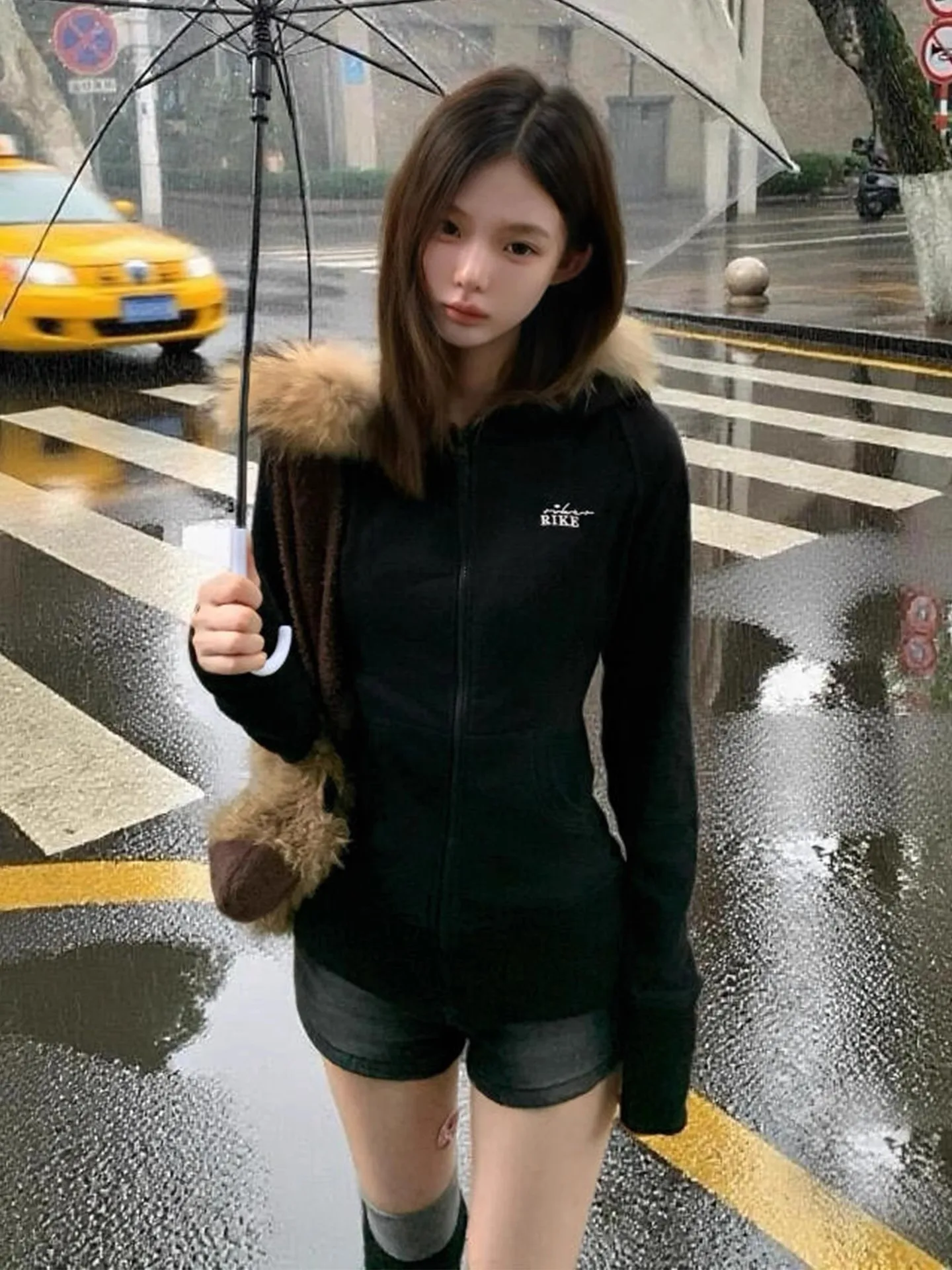 Amerikaanse Sle Hot Girl Bla Bontkraag Hoodie Jaet Vrouwen Vroege Herfst Slanke Taille ort Vest Top Pendelen Rits Lange S...