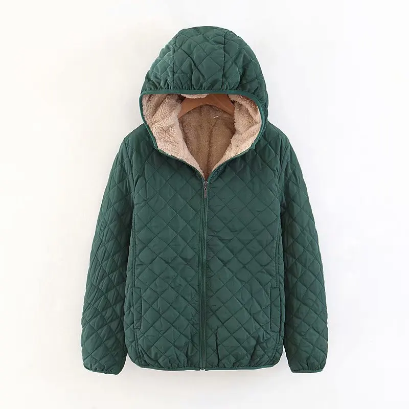 Women\'s Coat Fleece Warm Autumn Winter Hooded Zipper Jacket Plaid Slim Long Sleeve Solid Color Outerwear Female Quilted Coats