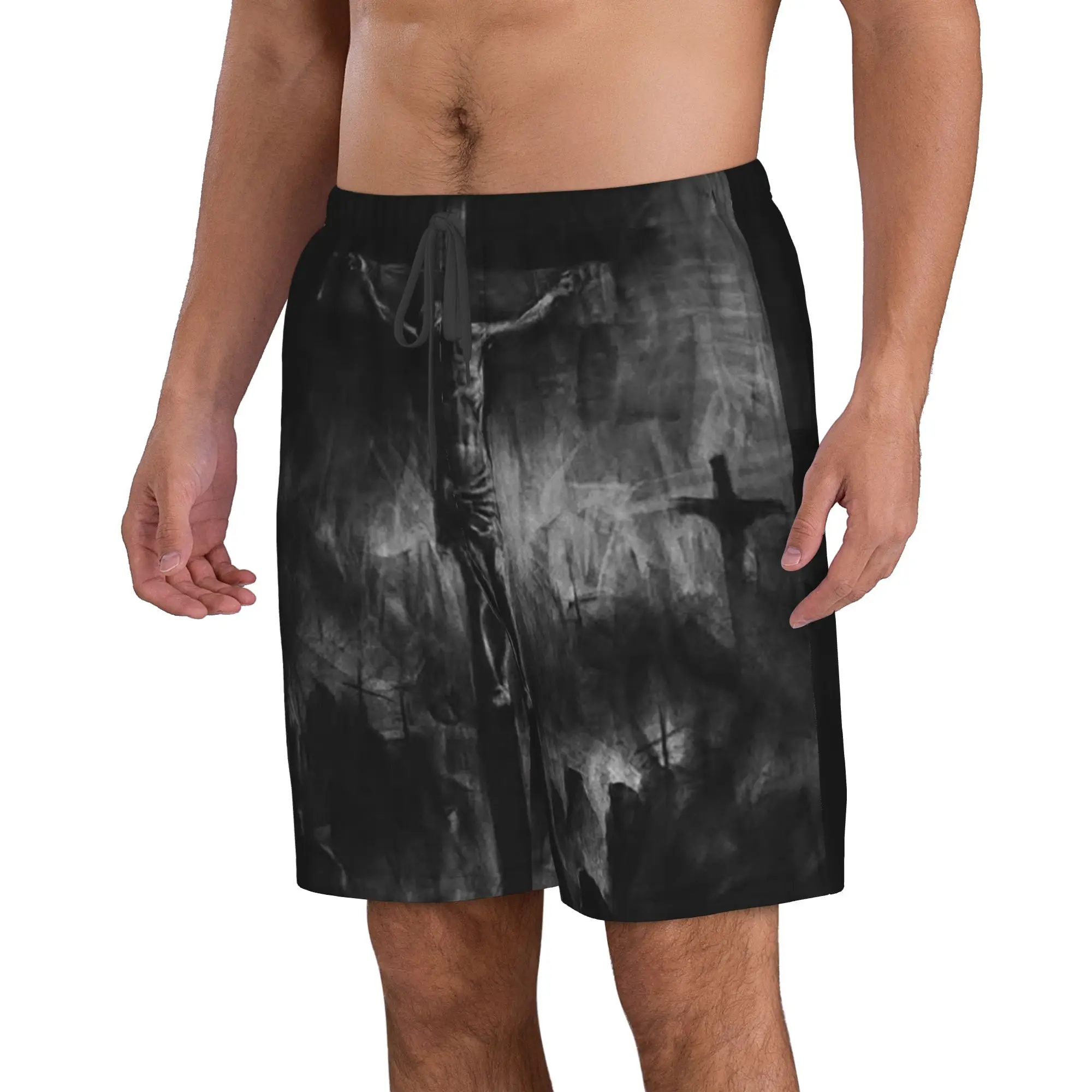 Jesus Christ and Christian Cross Dark Print Trunks Beach Board Shorts Casual Quick Dry Swim Summer Men Pants