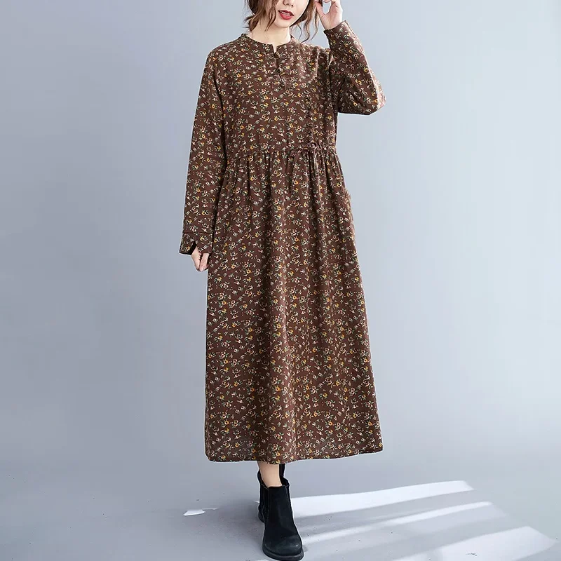 Vintage cotton linen ethnic dress women 2024 autumn baggy robe womens floral print oversized maxi long dresses female 11715