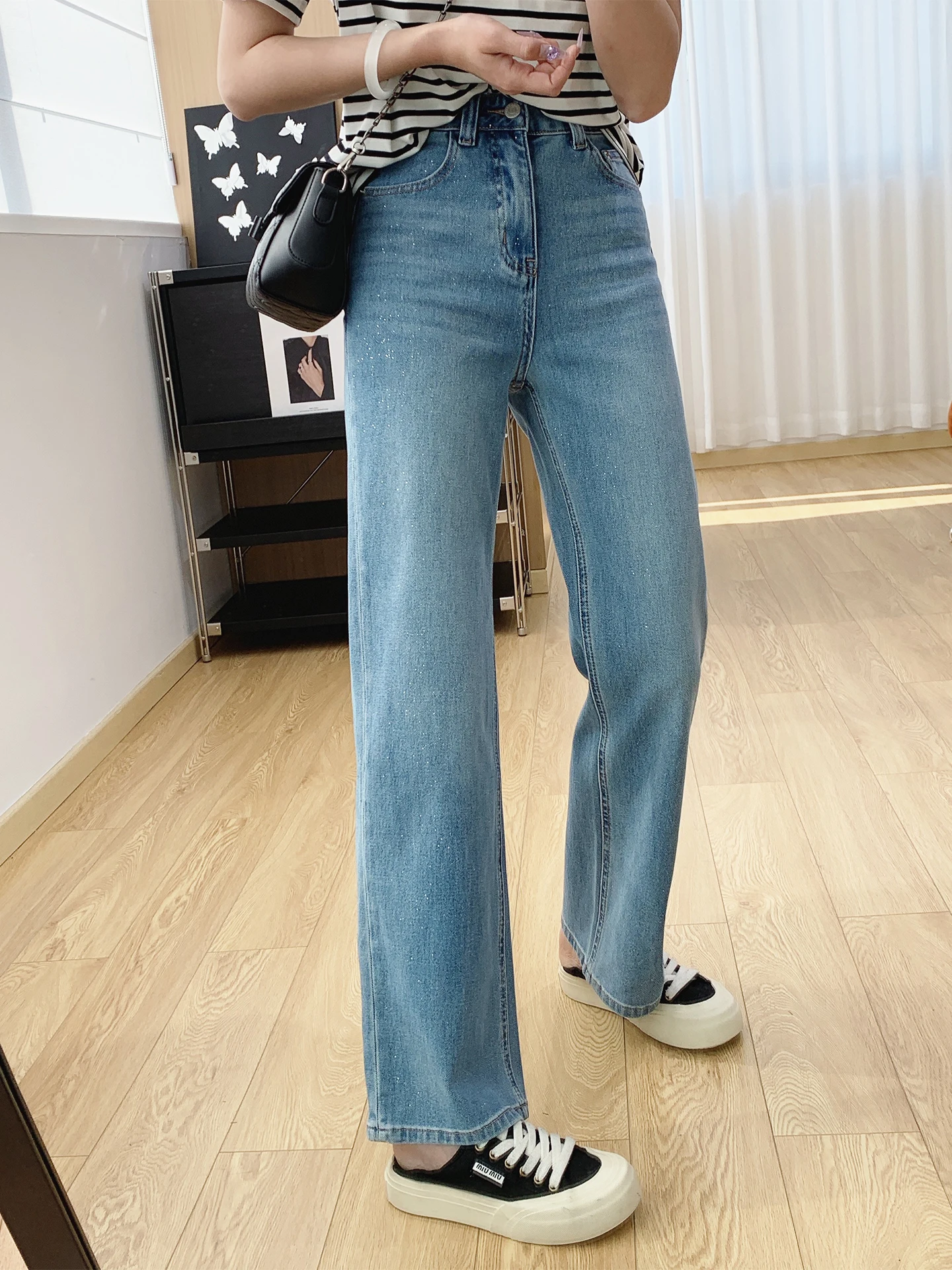 

High Waist Straight Leg Jeans Women's Spring Pants Four-Sided Elastic iny Sequin Wide Leg Cotton Denim Skinnifng