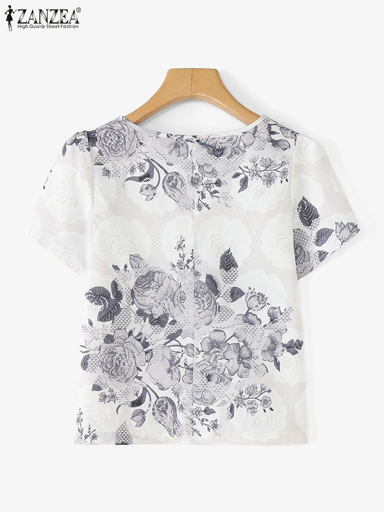 Women Floral Print Blouse ZANZEA Summer Short Puff Sleeve Tops Bohemian V-Neck Elegant Office Lady OL Shirts Fashion Clothing