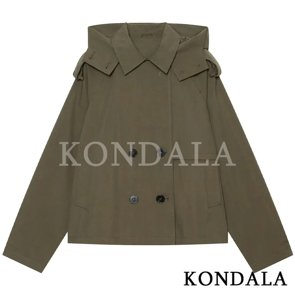 KONDALA Women Vintage Casual Hooded Trench Coat Street Commute Double Breasted Jacket 2026 Autumn/Fall Trendy Elegant Short Coat