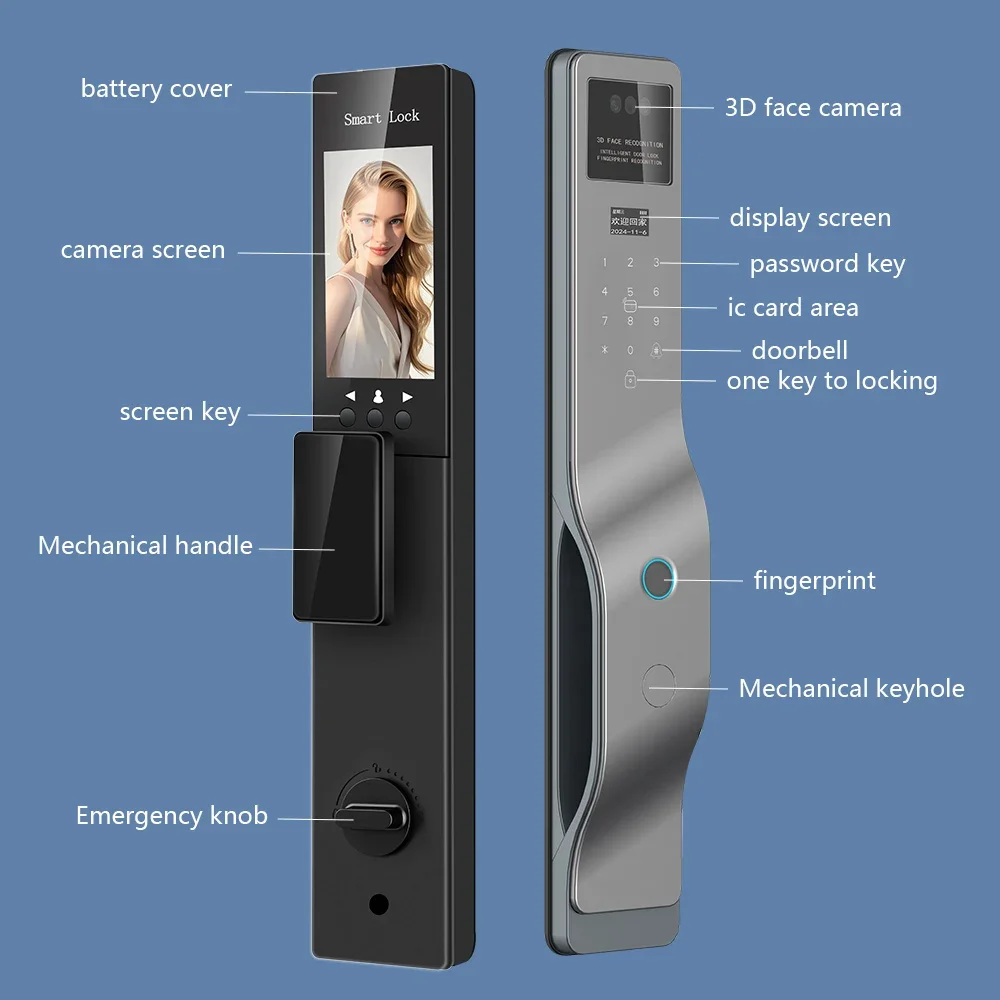 Tuya App التعرف عن بعد ثلاثي الأبعاد على الوجه قفل ذكي واي فاي رقمي مع قفل بصمة الكاميرا فتح كلمة المرور