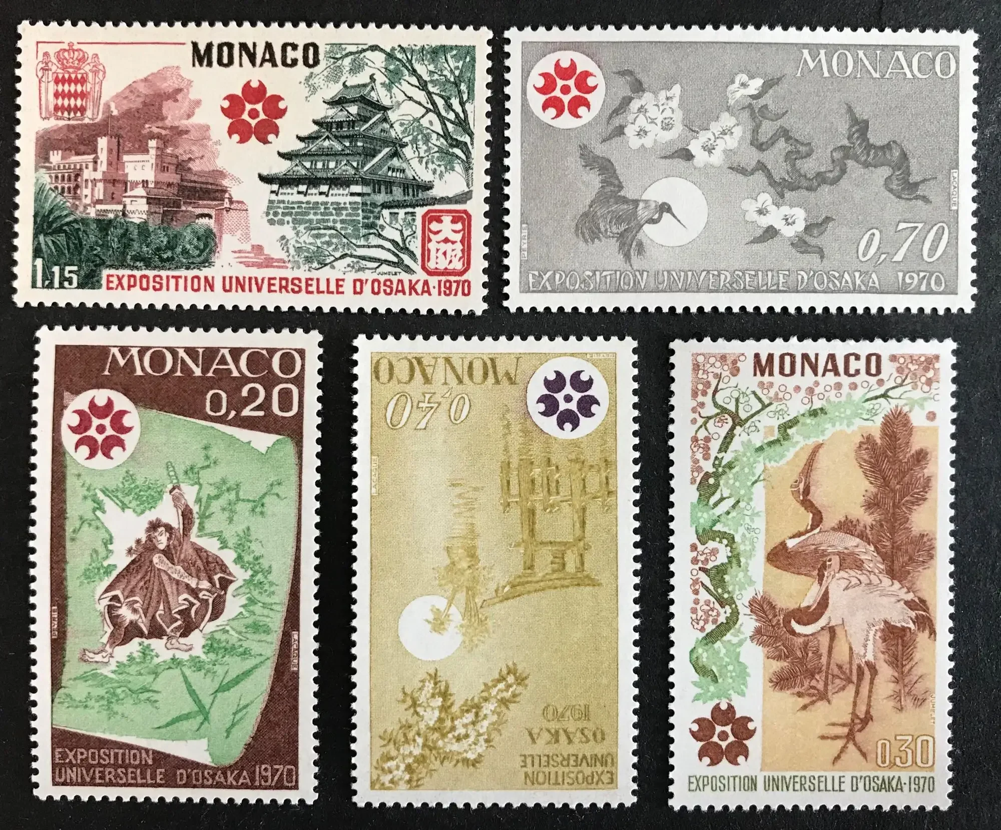 5Pcs/Set New Monaco Post Stamp 1970 Japan Osaka Sakura Crane Engraving Postage Stamps MNH