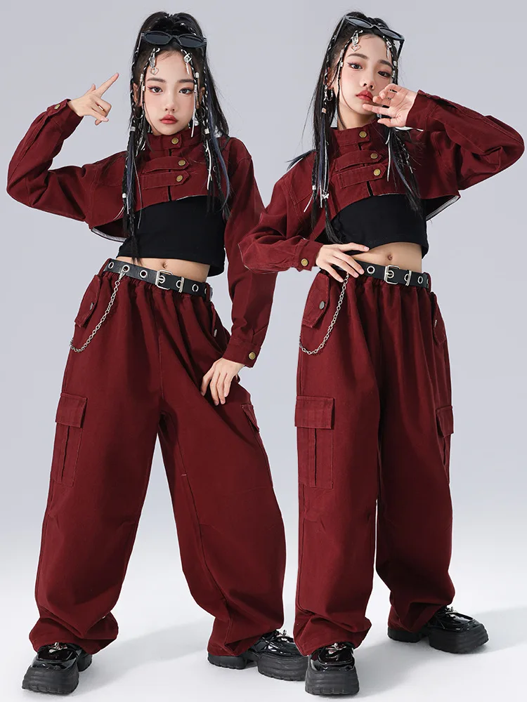 2024 Hip Hop Dance Costumes For Girls Red Crop Tops Cargo Pants Streetwear kids Street Dance Costume Girls Jazz Performance Suit