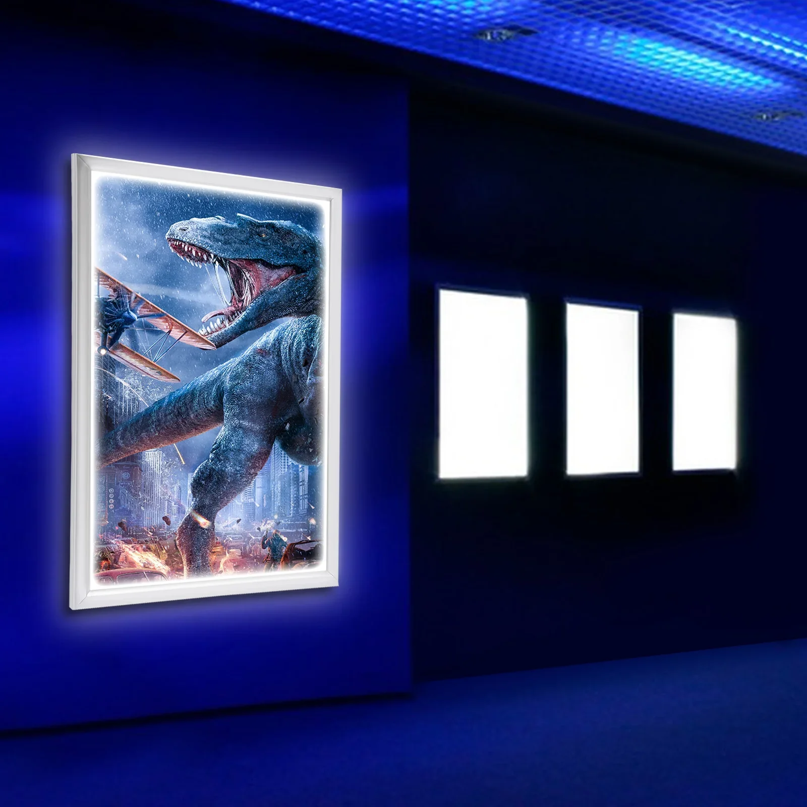 صندوق إضاءة LED مقاس 18 × 24 بوصة، صورة فنية بإضاءة خلفية، إطار فضي، ملصق الفيلم، عرض إعلاني لمطعم المسرح