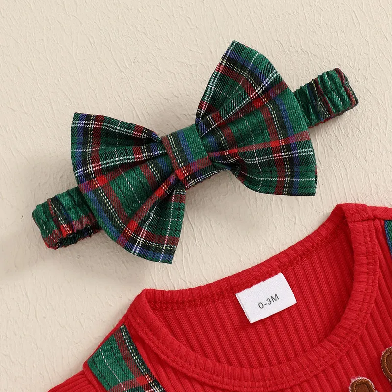 0 to 18 Months Christmas Baby Girls Bodysuit Dress Deer Embroidery Plaid Skirt Hem Toddler Jumpsuit with Headband