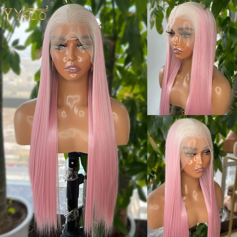 

YYsoo Long White Ombre Pink 13x4 Silky Straight Futura Glueless Synthetic Lace Front Wigs For Black Women Pre Plucked Hairline