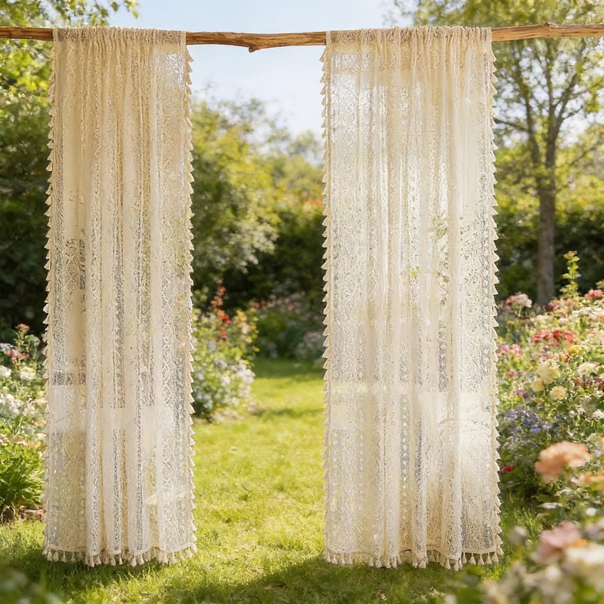 2-Piece Set, Bohemian Style Sheer Curtains, with a Unique Matching Color Lace Design, Lightweight Fabric with a Good Value for Money, Breathable and Wind-Permeable, Perfect for Spring and Summer Seasons, Suitable for Home Gardens, Gazebos, Balconies, Outdoor Weddings, and Other Settings