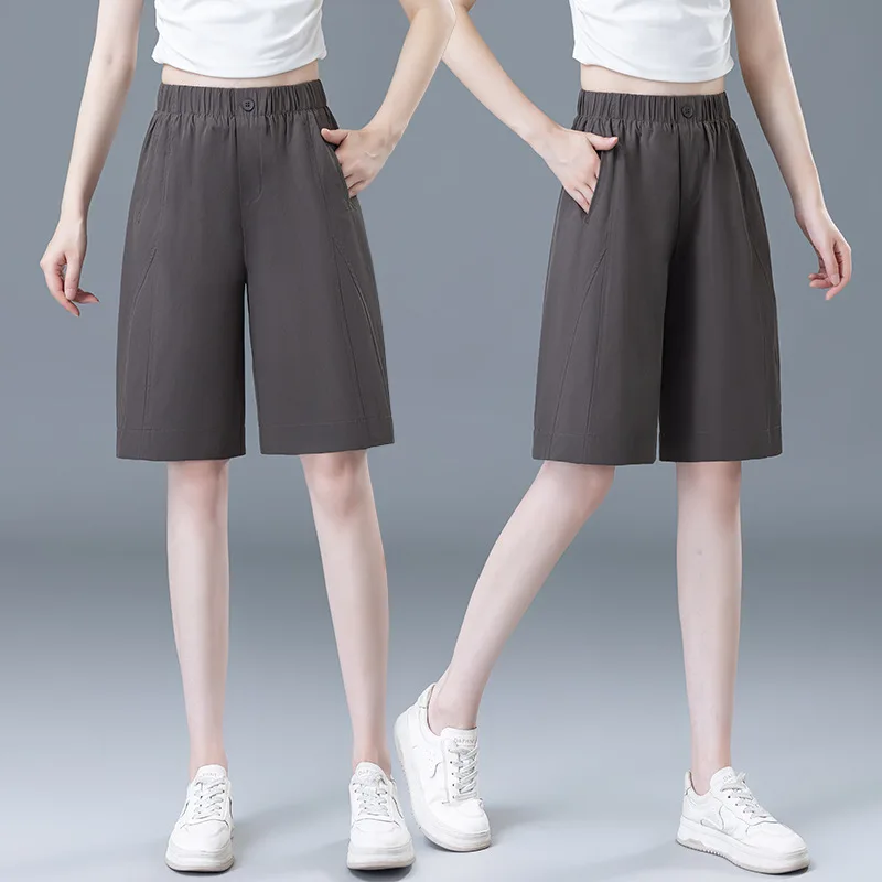 

Рок-серые шорты из ледяного шелка 5/10 для женщин, летние тонкие новые повседневные уличные шорты средней длины с широкими штанинами и цветочным бутоном Five/10