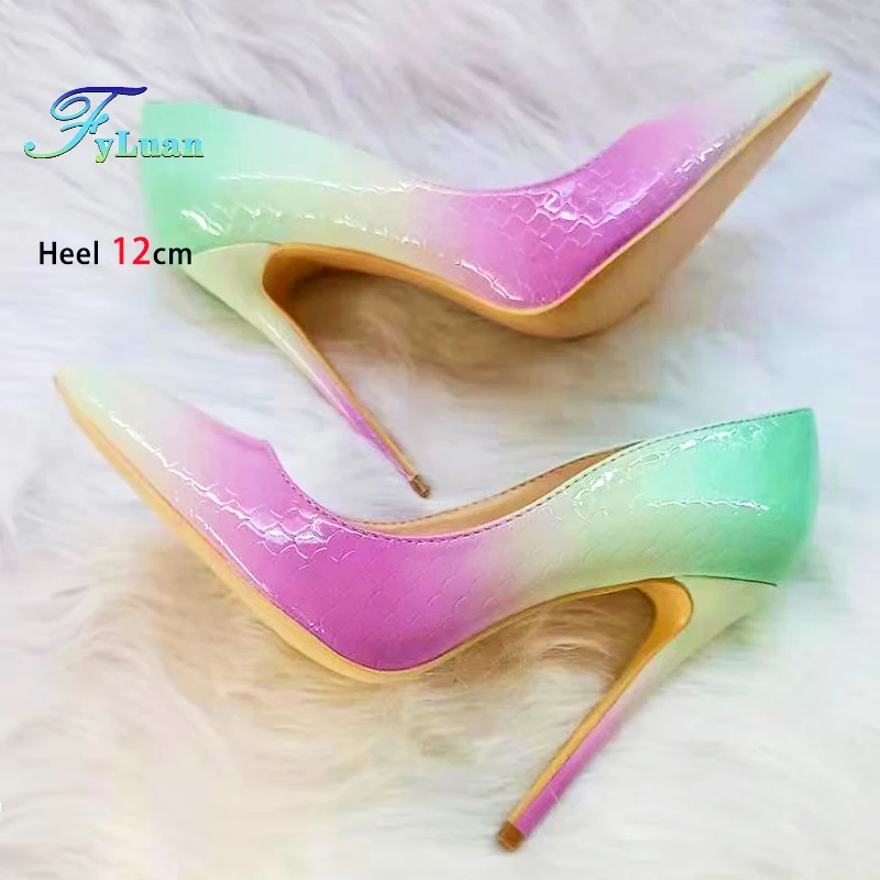 New Luxury Lady Stiletto Rainbow Pattern Single Shoes Mint Green Purple Gradient Pumps Pointed Soft Leather Shallow Mouth Heels