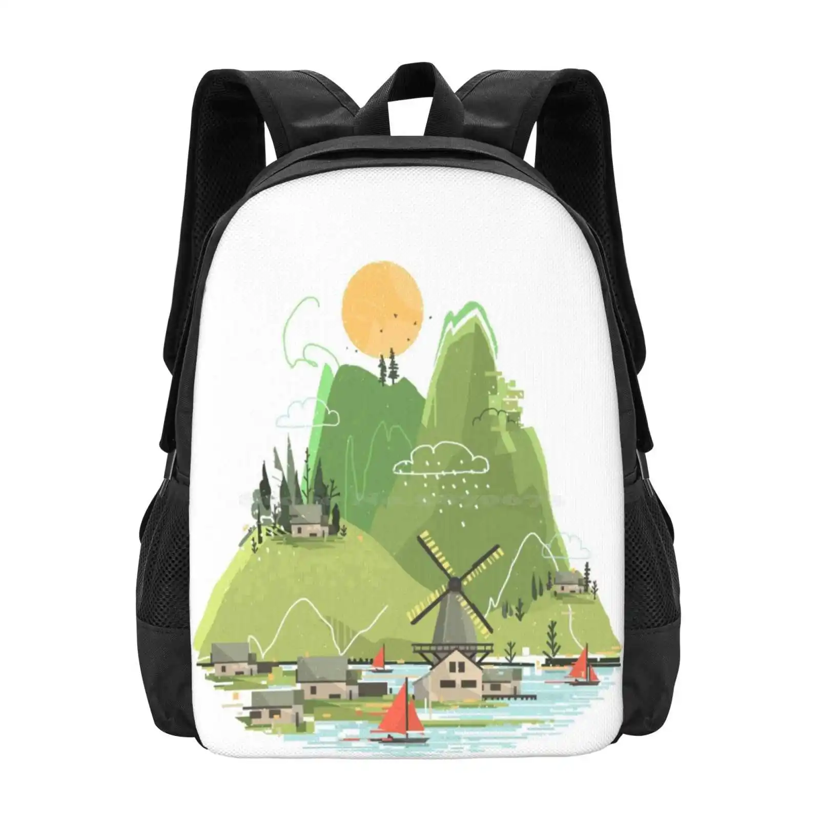 Glitchscape Hot Sale Backpack Fashion Bags Landscape Glitch Nature Mountain Graphic Artistic Artsy Shapes Sun Trees Outdoors