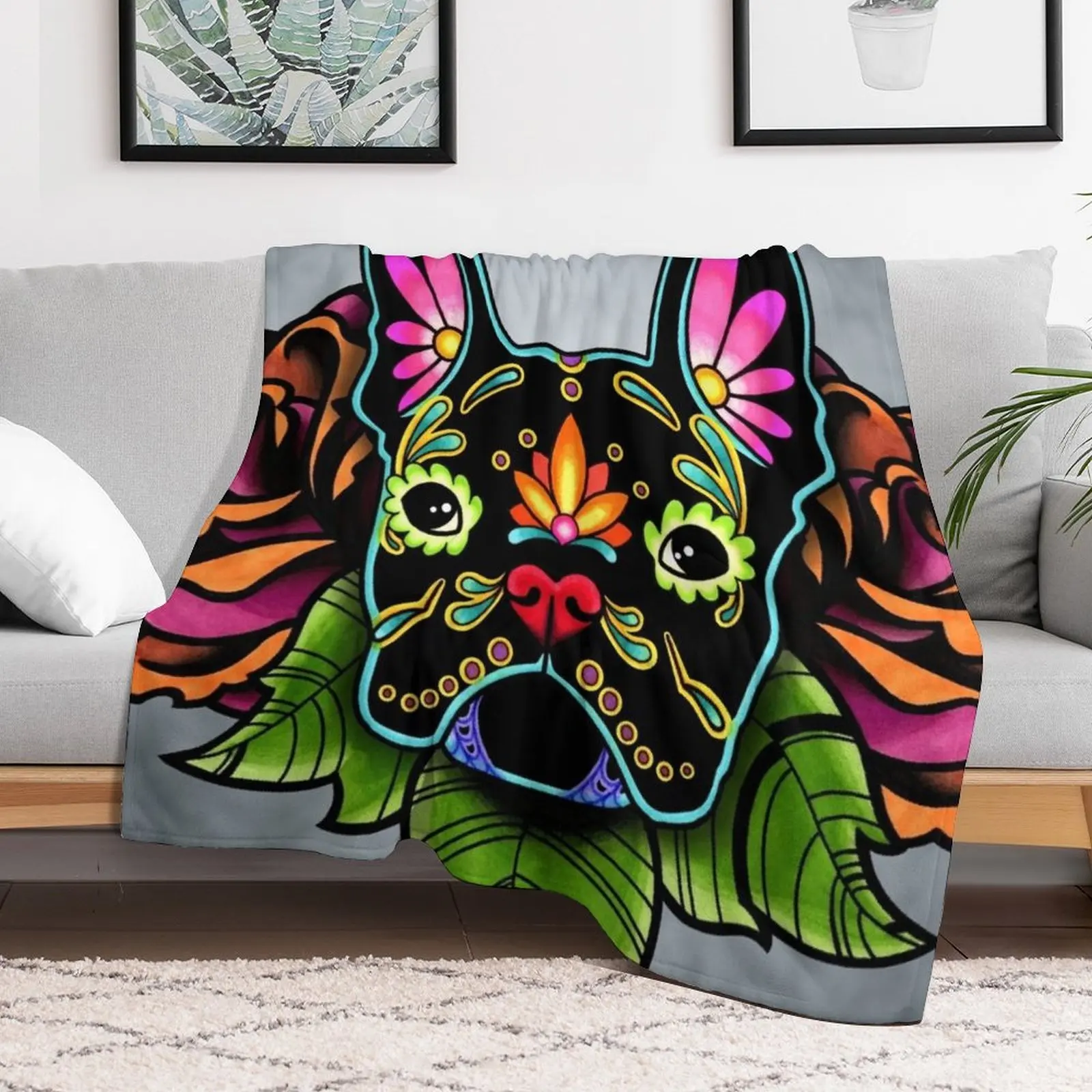 Day of the Dead French Bulldog in Black Sugar Skull Dog Throw Blanket Luxury blankets and throws Blankets