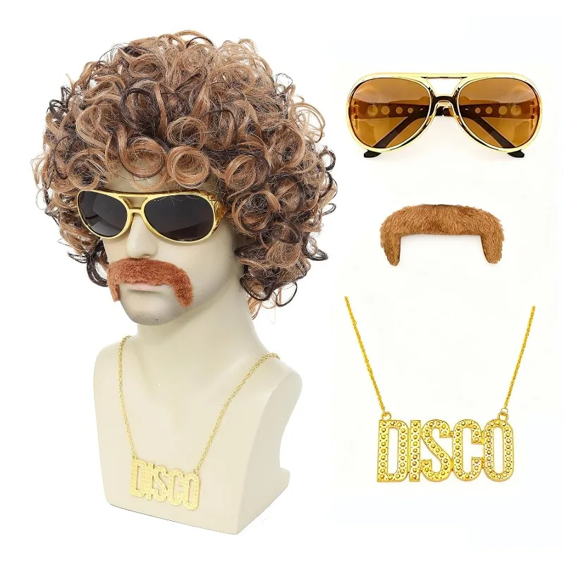 70s 80s Disco Costume Wig Set-Afro Curly Wig with Mustache Sunglasses & Disco Necklace,Halloween Party Cosplay Outfit Accessory