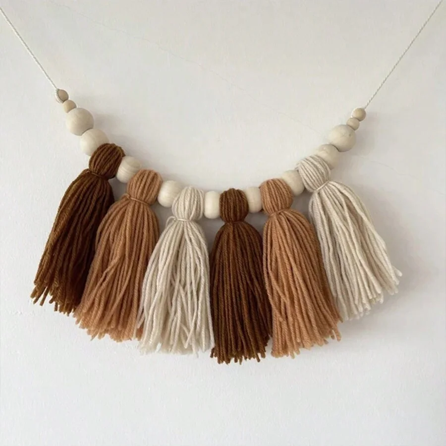 Boho Cotton Tassel Garland Wall Decoration with Wooden Beads Nursery Decor for Baby Room Tent Hanging Pendant Photo Props