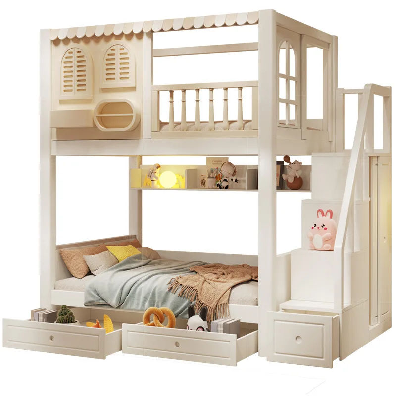 Children's bed Girl two-story full solid wood bed High guardrail with width Small apartment slide Mother and child bed Castle tr