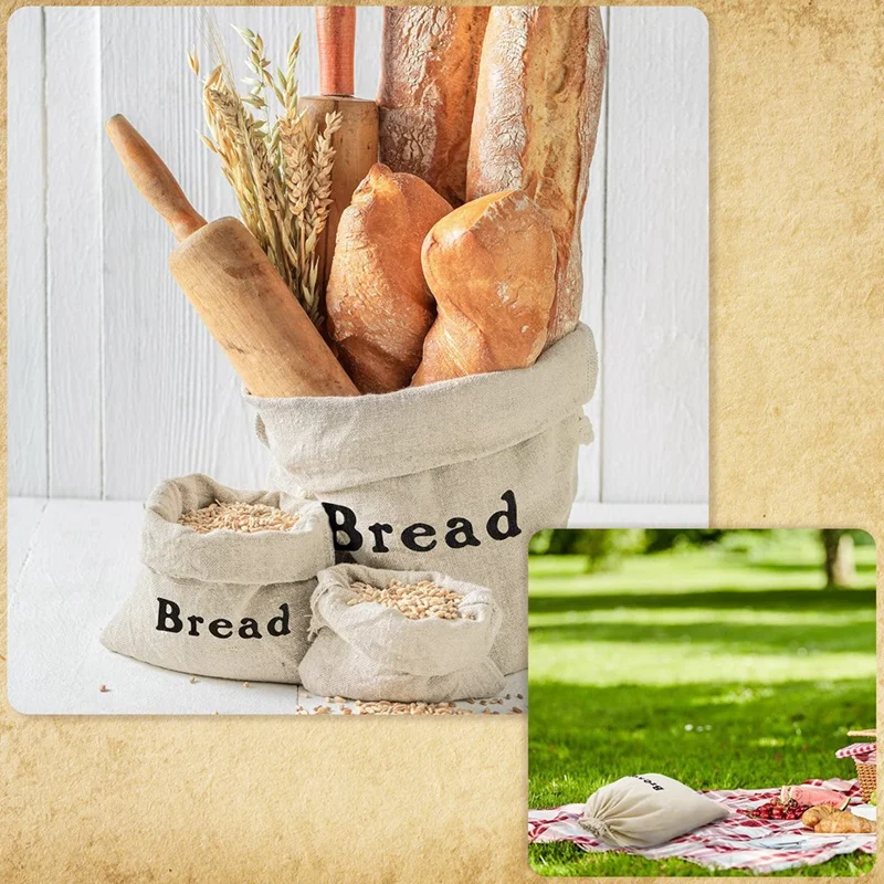 3 PCS Bread Bags Burlap Reusable Drawstring Bread Bags As Shown Linen Handmade Food Storage