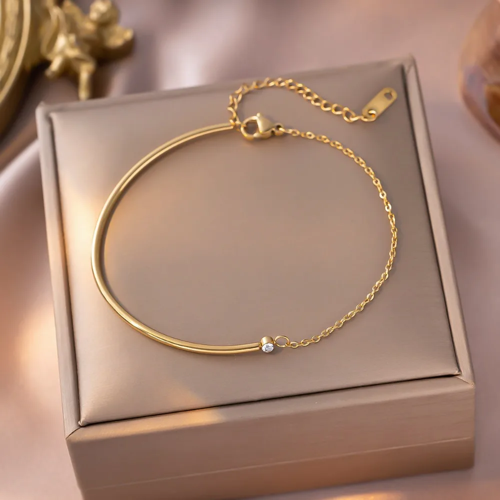 Simple Exquisite Gold Color Half-circle Spliced Single Zircon Stainless Steel Bracelets for Women Fashion Jewelry Does Not Fade