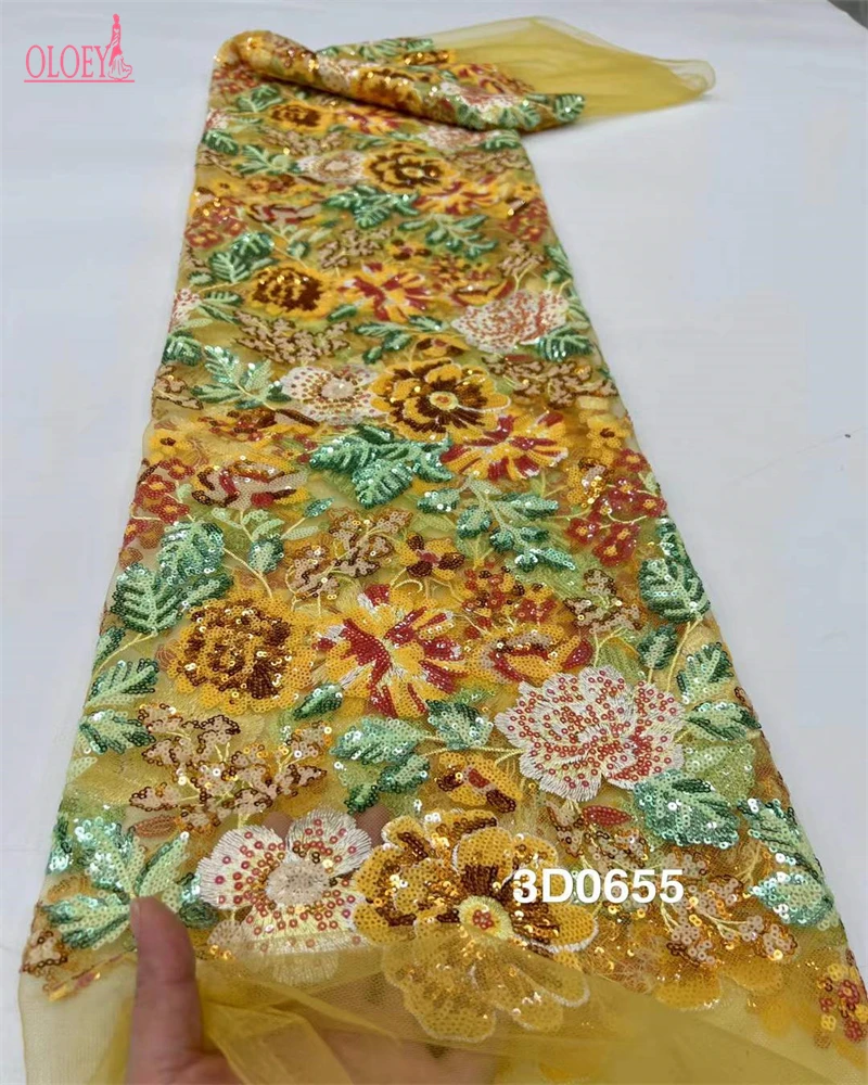 Fashion Elegant French Embroidery Beaded Lace Fabric African Nigerian With Sequins Fabric For Wedding Dress