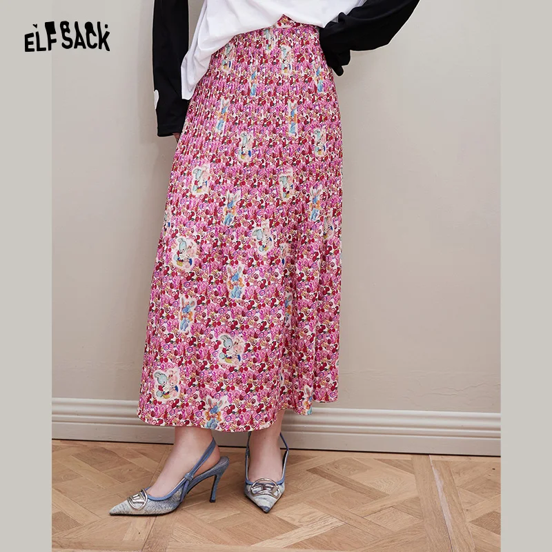 

ELFSACK Chiffon full print high waisted skirt for women in spring 2024, new forest style slimming and versatile long skirt