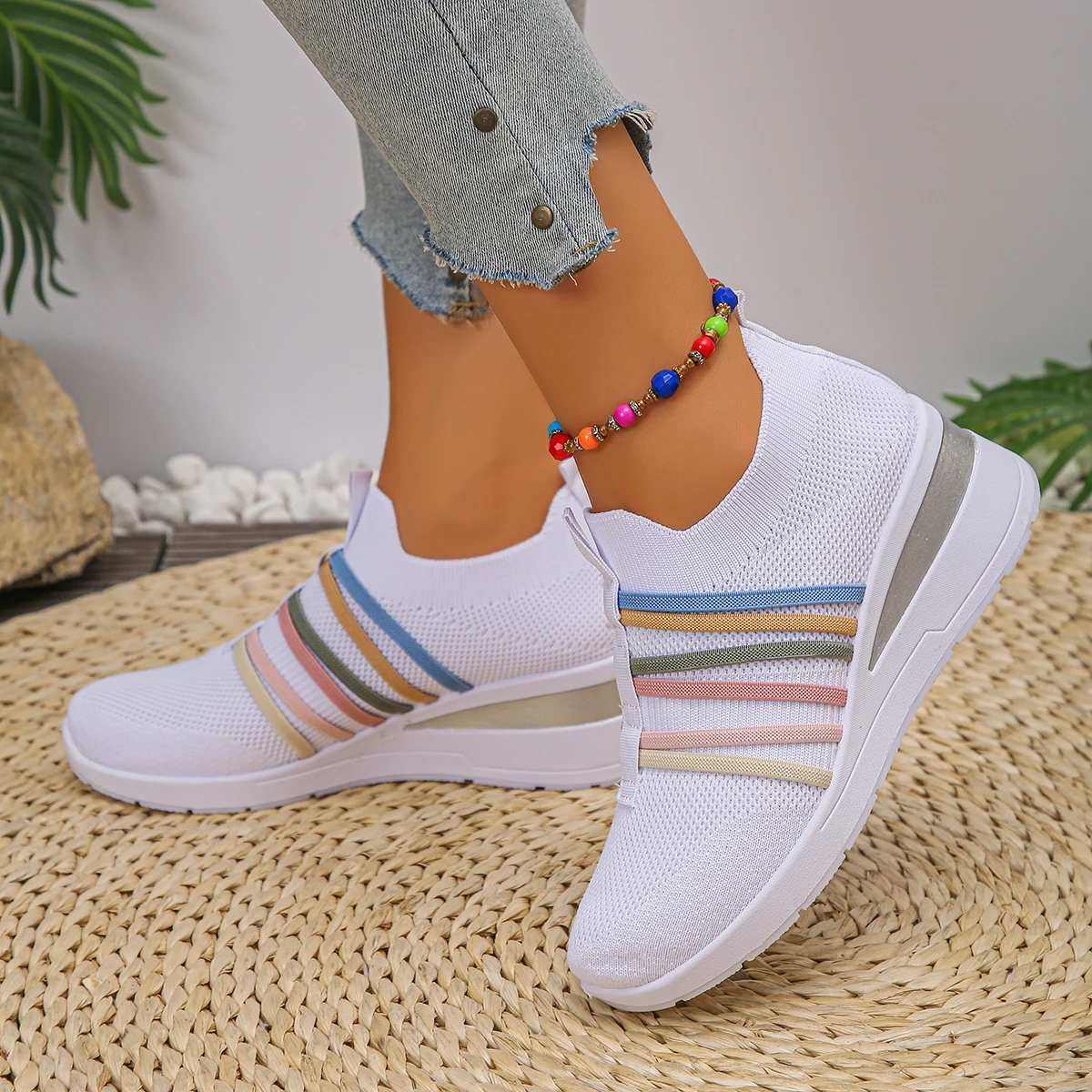 الملونة حزام المرأة شبكة أحذية تنفس محبوك أحذية رياضية مسطحة النساء ربيع الخريف أحذية رياضية شبكة الانزلاق على حذاء كاجوال امرأة